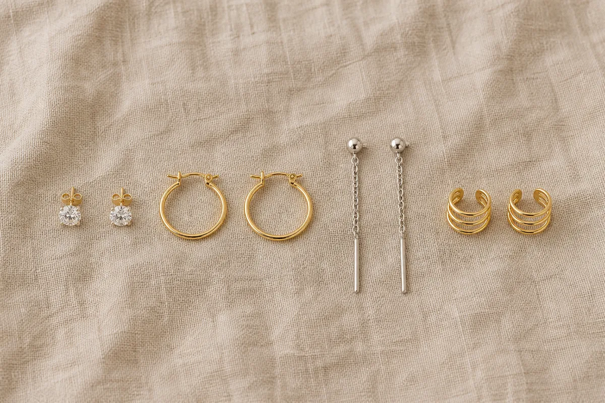 Quatre paires de boucles d’oreilles alignées sur du lin beige, puce, créole, pendante et ear cuff