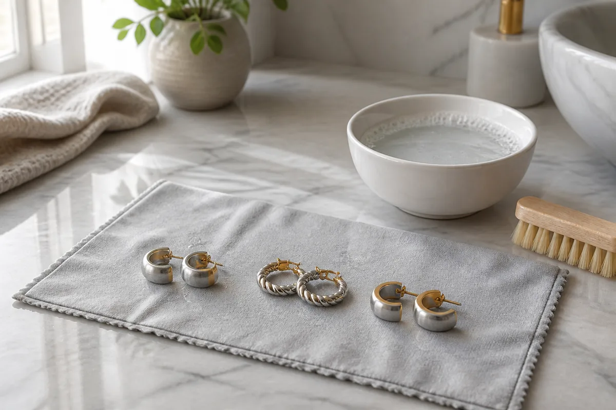 Boucles d’oreilles en acier et en or posées sur un chiffon microfibre près d’un bol d’eau savonneuse