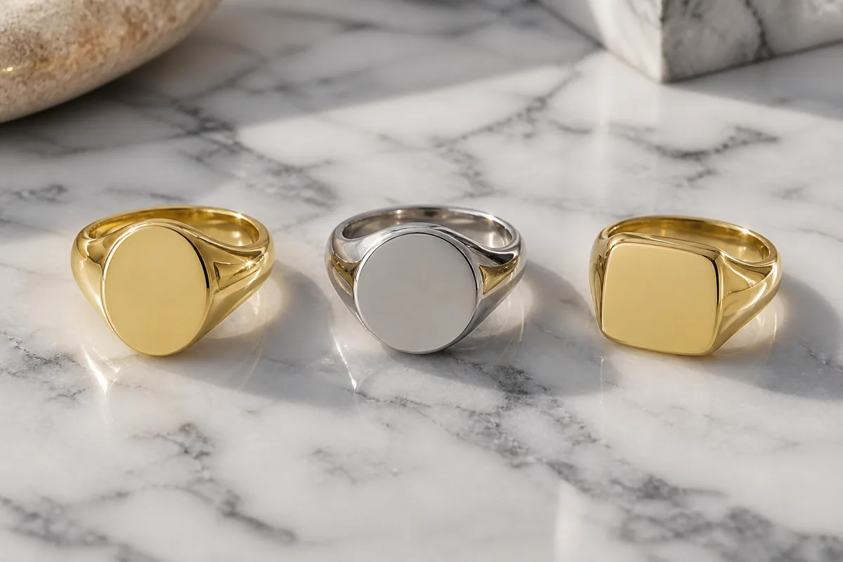 Trois chevalières en or jaune, argent et vermeil alignées sur une plaque de marbre blanc, vue rapprochée