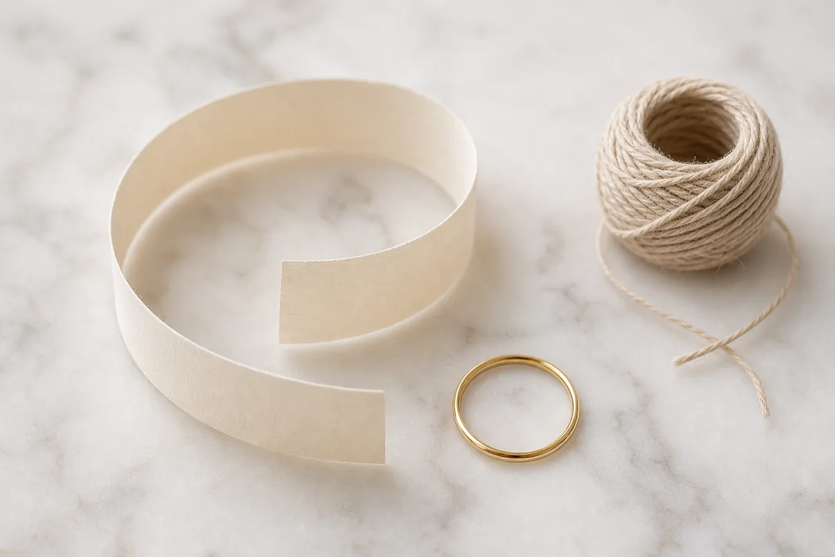 Bande de papier enroulée près d’une bague fine pour mesurer sa taille à la maison