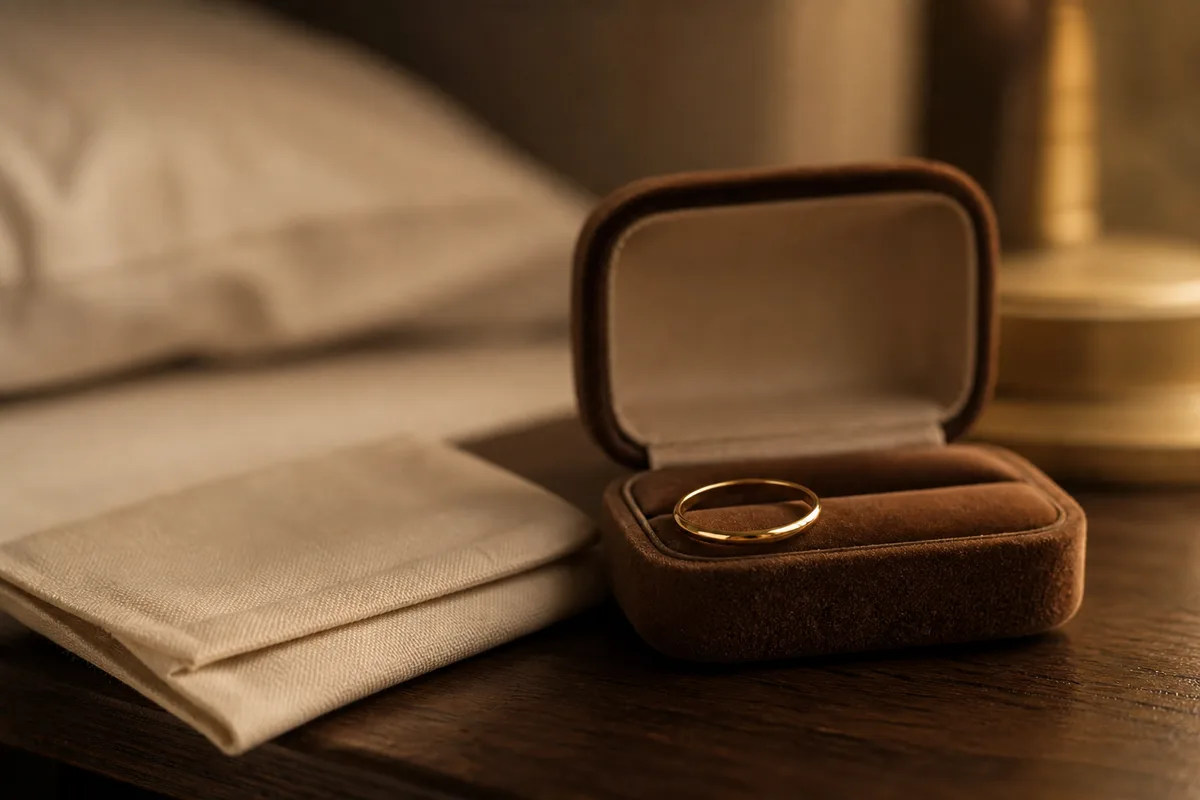 Bague posée sur un écrin de velours ouvert pour une mesure discrète en cadeau