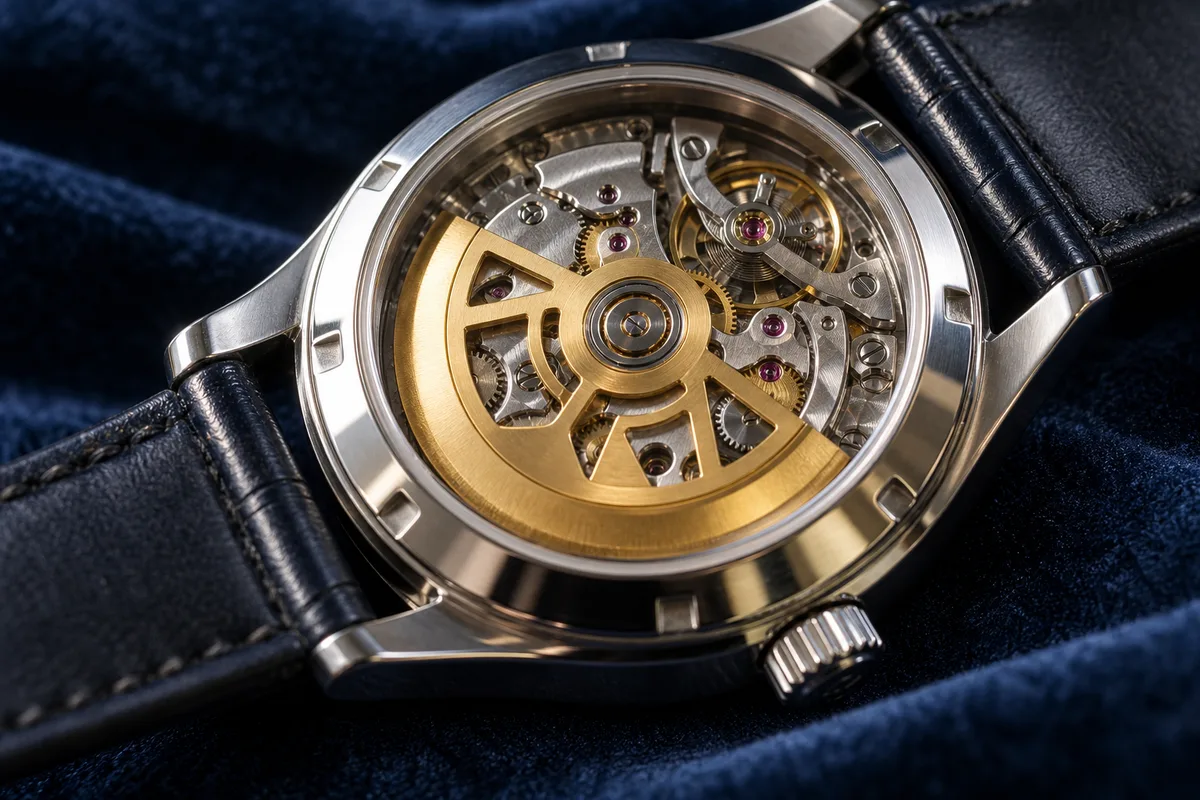 Mouvement mécanique d’une montre vu à travers un fond transparent, masse oscillante dorée en gros plan