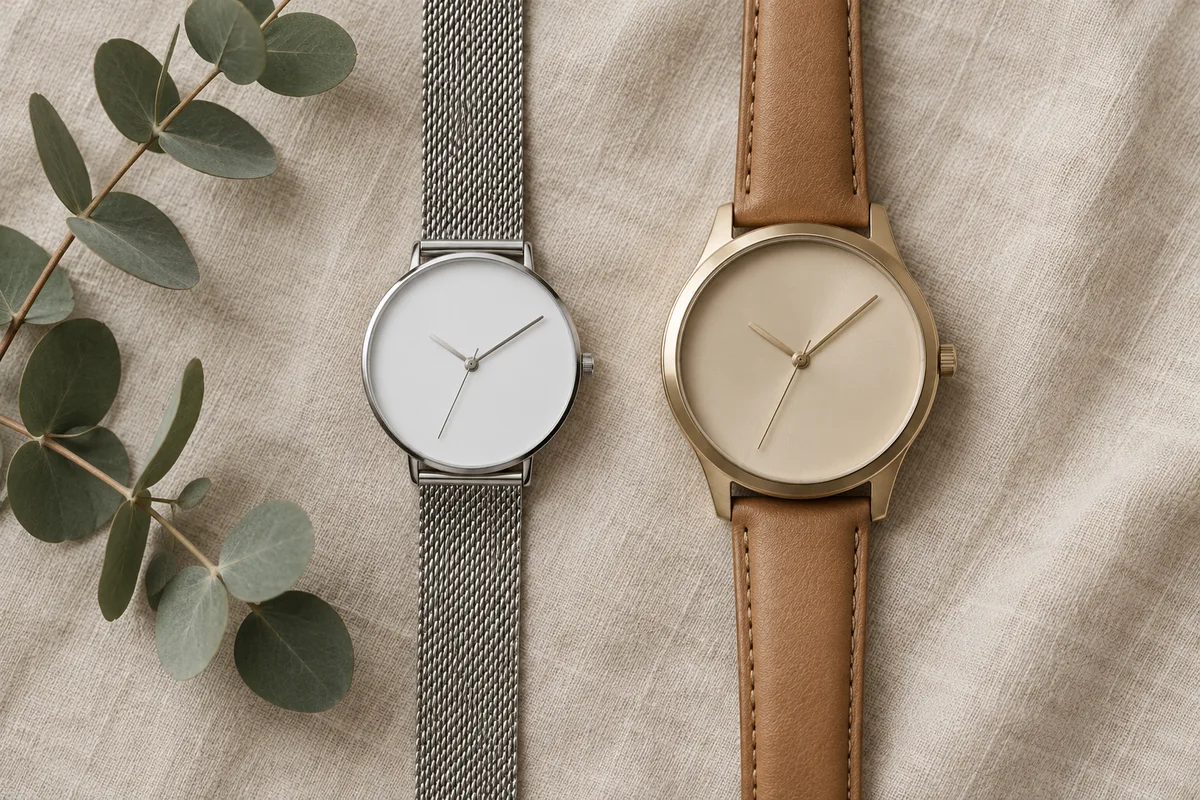 Deux montres féminines posées sur un tissu de lin écru, l’une fine à bracelet maille, l’autre plus épaisse à bracelet cuir