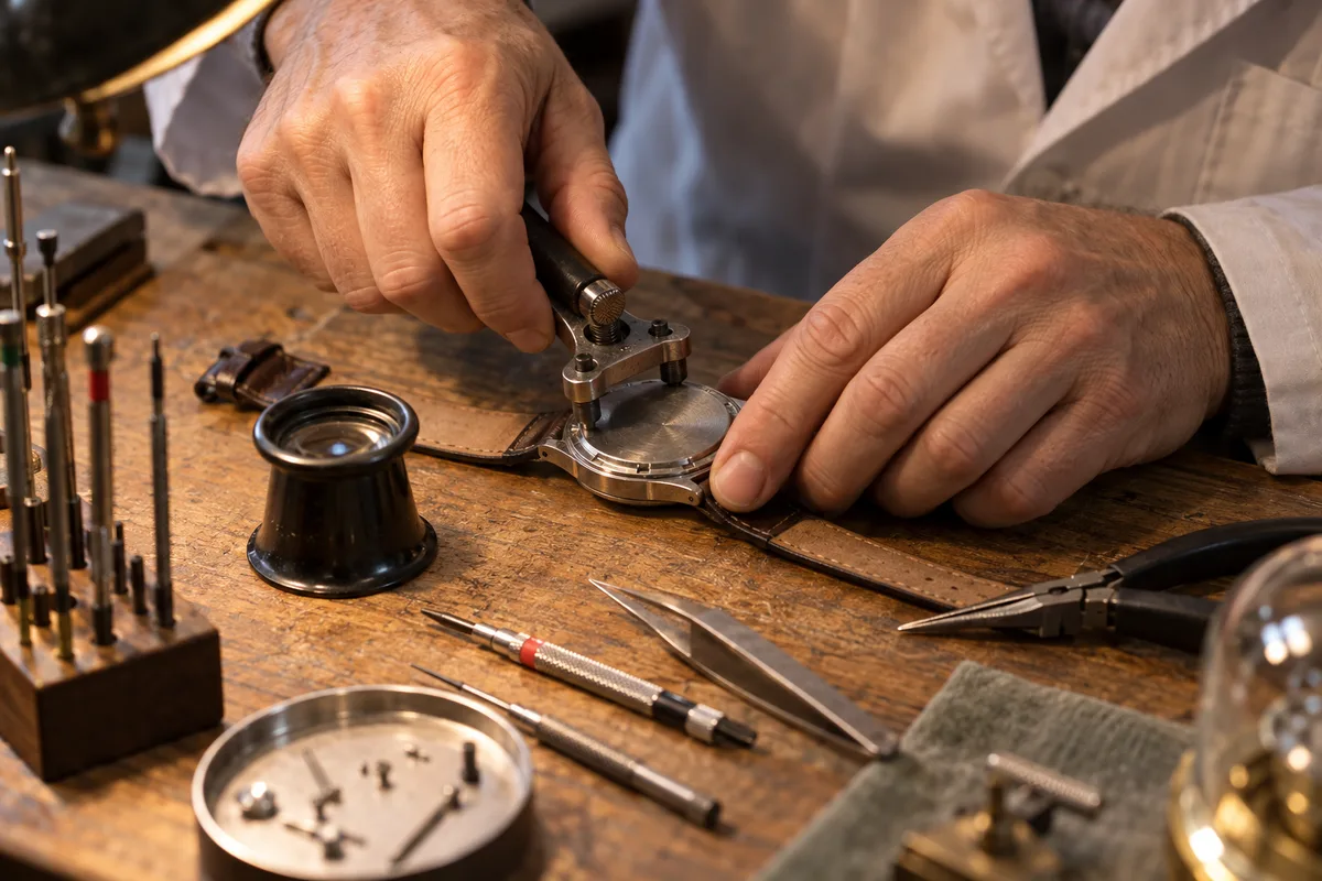 Mains d’horloger ouvrant le fond d’une montre avec un outil de précision sur un établi en bois