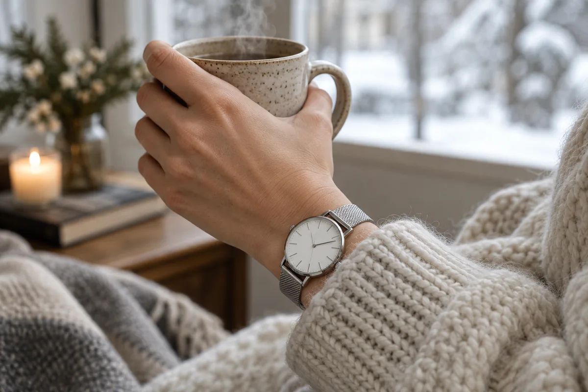 Poignet féminin en pull de laine crème portant une montre à cadran blanc, main tenant une tasse fumante