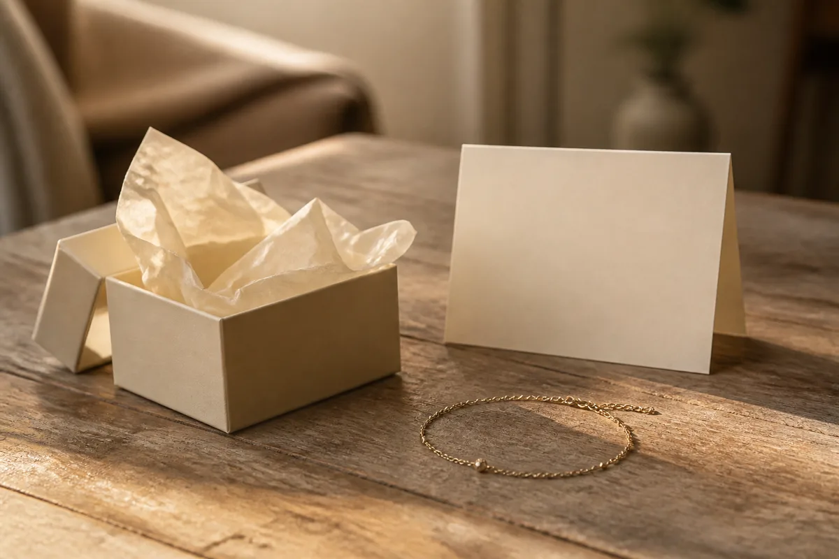 Colis de bijoux ouvert avec papier de soie et carte manuscrite