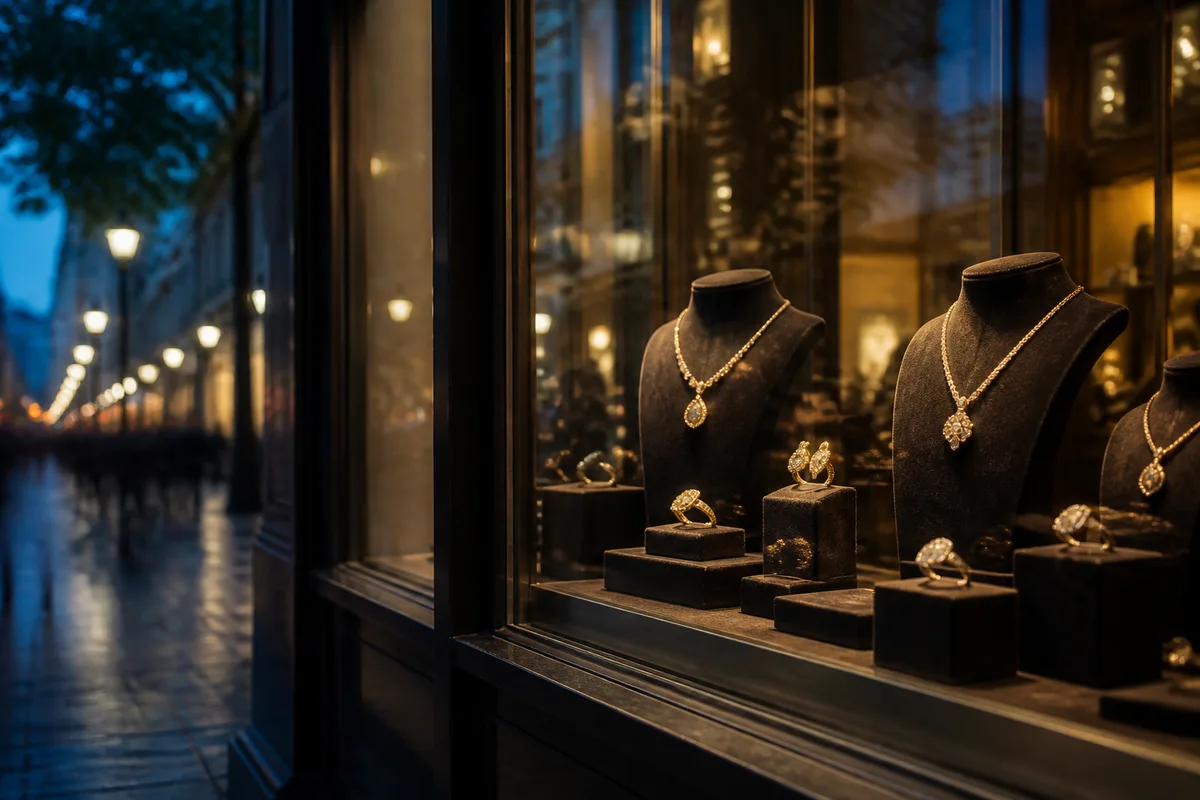 Vitrine de bijoux éclairée le soir, présentoirs en velours